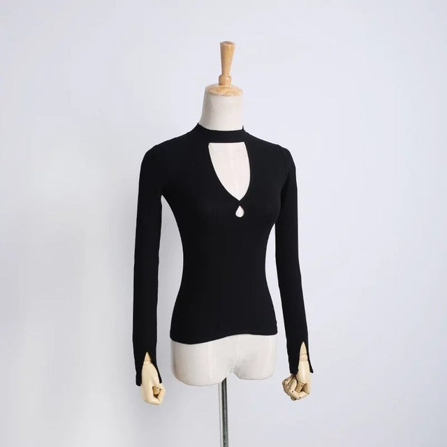 2016 Chic Unique Slim Style Halt neck Sexy Ladies V-Neck Tops Bottoming Twill Cotton Shirt Woman's Clothing Female - EssentialBoutiques 