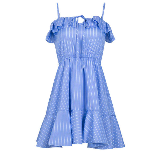 Women Ruffles Dress Blue Sreipe Spaghetti Strap Slash Neck Casual Beach Dresses Female In Women Summer Clothing Mini Dress 2018 - EssentialBoutiques 