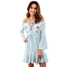 Load image into Gallery viewer, Women Chiffon Dress Teen Slash Neck Flare Sleeve Empire Female Flower Embroidery Casual Dresses Summer Clothing Women Dress - EssentialBoutiques 
