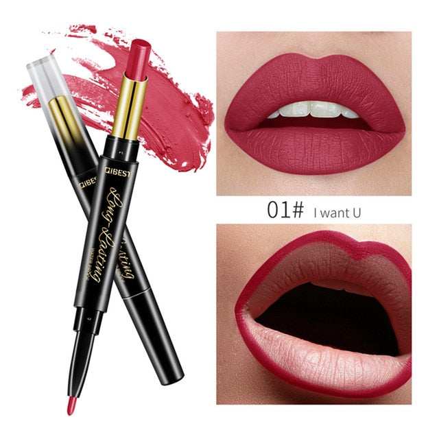 15 Color Lips Makeup Lipstick Sexy Red Lip Matte Long Lasting Lip Pencil Waterproof Stick Liner Double-end Black Matte Lipsticks - EssentialBoutiques 