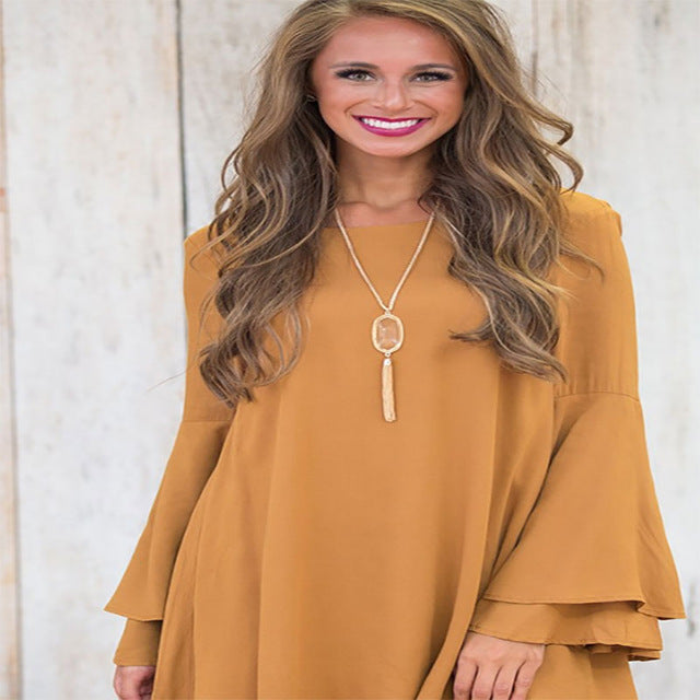 Autumn Fashion Women Solid Color Dress With Large Swing Speaker Yellow Long Sleeve V-Neck Dress Open Back Woman'S Clothing - EssentialBoutiques 