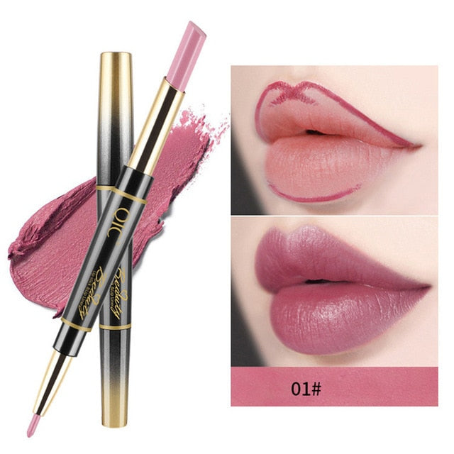 24 Hours Long Lasting 2in1 Lipstick Fashionable Useful Waterproof Double-side Matte Lip Liner Double-end Makeup Lipstick Pencils - EssentialBoutiques 