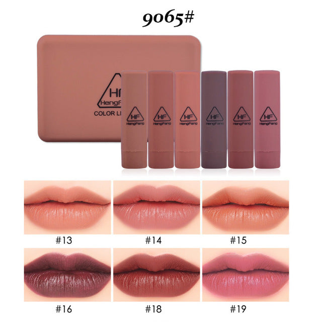 HengFang brand Hot sale 6pcs/set nude matte lipstick waterproof long lasting batom lip kit makeup set Pigment Velvet - EssentialBoutiques 