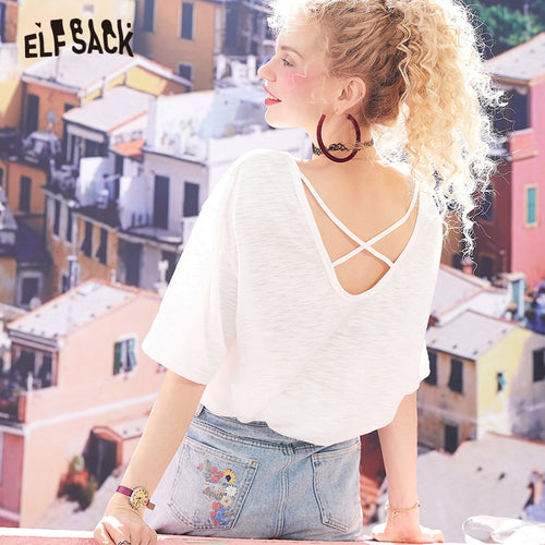 ELF SACK Solid Cotton Casual Women Tops Fashion Loose Hollow Out Female Tee 2019 Summer New Oversized T-shirt Woman's Clothing - EssentialBoutiques 