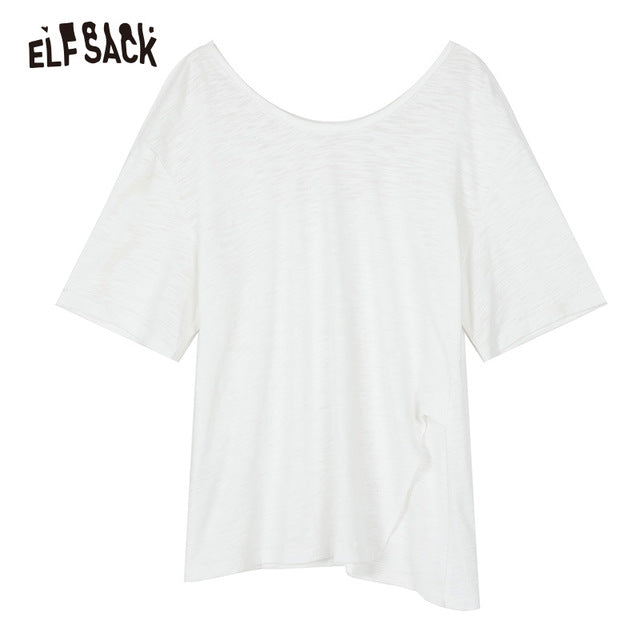ELF SACK Solid Cotton Casual Women Tops Fashion Loose Hollow Out Female Tee 2019 Summer New Oversized T-shirt Woman's Clothing - EssentialBoutiques 