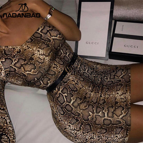 NADANBAO Sexy Snake Print Dress One Shoulder Long Sleeve Party Summer?Sexy mini woman's Dress Clothing - EssentialBoutiques 