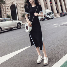 Load image into Gallery viewer, Summer Woman Backless Sheath Slim Woman&#39;s Dress O-neck Stripe Slit Fashion Woman Dress Short-sleeved Side Black Clothing - EssentialBoutiques 