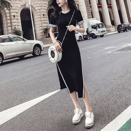 Summer Woman Backless Sheath Slim Woman's Dress O-neck Stripe Slit Fashion Woman Dress Short-sleeved Side Black Clothing - EssentialBoutiques 