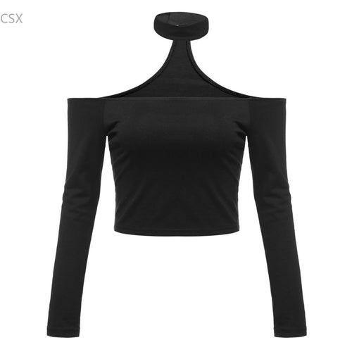 MwOiiOwM 2018 New Women Sexy Slash Neck Long Sleeve Off Shoulder Hater Choker Crop Tops Fashion Woman's Clothing - EssentialBoutiques 