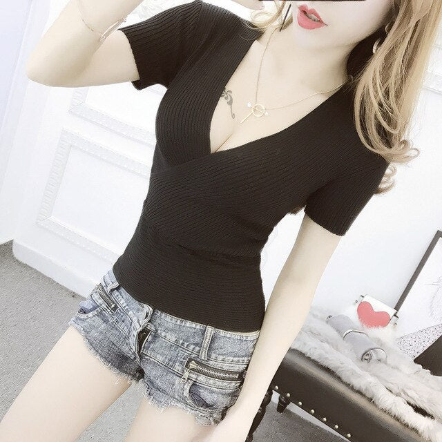 XUXI 7color Women Sexy Night Club T-shirt Summer Woman's Clothing Low Chest Deep V-neck Mujer Slim Short Sleeve Tshirt Top FZ250 - EssentialBoutiques 