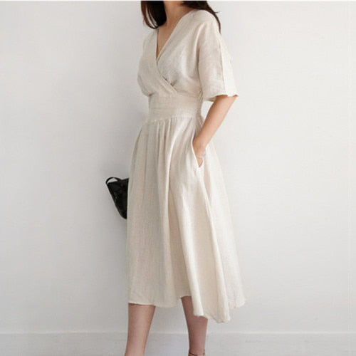 Summer Korean Fashion Clothing A-line Solid Maternity Dress V-neck Half Sleeves Brief Woman's Dresses Fashion Cotton And Linen - EssentialBoutiques 