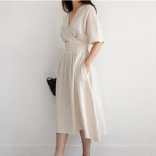 Load image into Gallery viewer, Summer Korean Fashion Clothing A-line Solid Maternity Dress V-neck Half Sleeves Brief Woman&#39;s Dresses Fashion Cotton And Linen - EssentialBoutiques 