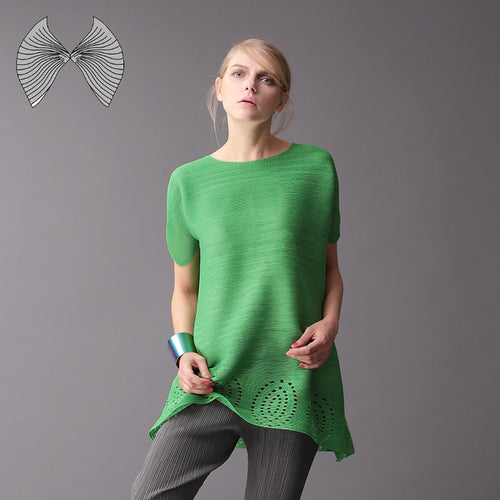 Wrinkle T-shirt Woman's Originally Designed Large Size Woman's Clothing 2019 Popular Summer MIYAKE pleats tshirt hollow - EssentialBoutiques 