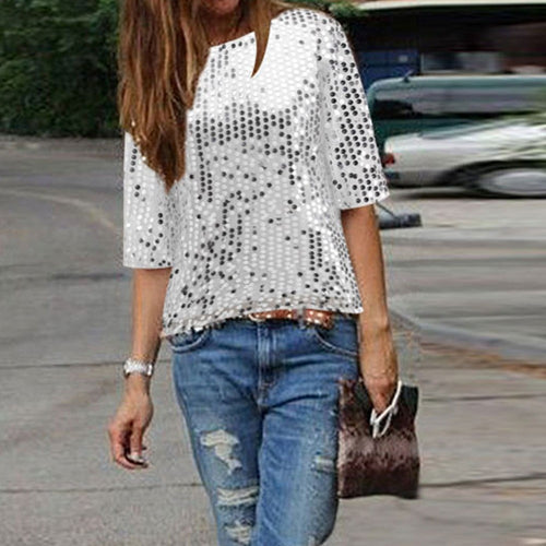 2018 Chic Unique Street Style Shining Sequins Ladies O-Neck Tops Woman's Clothing T-shirt Female - EssentialBoutiques 