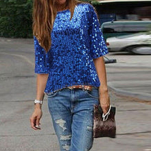 Load image into Gallery viewer, 2018 Chic Unique Street Style Shining Sequins Ladies O-Neck Tops Woman&#39;s Clothing T-shirt Female - EssentialBoutiques 