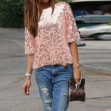Load image into Gallery viewer, 2018 Chic Unique Street Style Shining Sequins Ladies O-Neck Tops Woman&#39;s Clothing T-shirt Female - EssentialBoutiques 