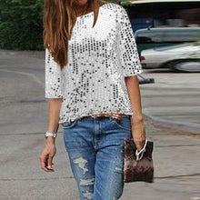 Load image into Gallery viewer, 2018 Chic Unique Street Style Shining Sequins Ladies O-Neck Tops Woman&#39;s Clothing T-shirt Female - EssentialBoutiques 