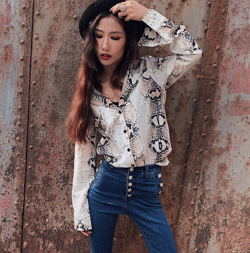 Korea Fashion Vintage Clothing Shirt Woman's Sexy V-neck Snake Print Female Blouses Loose Long-Sleeve Shirt Ladies Tops - EssentialBoutiques 