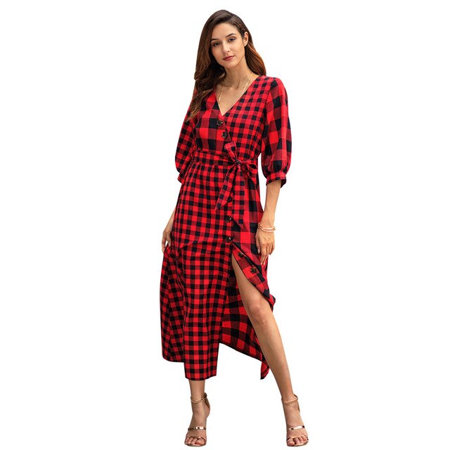 WPCZQVZA 2019 Fashion Women Sexy Dress Female V-neck Long Sleeve Lattice Print Dresses High Quality Casual Slim Woman's Clothing - EssentialBoutiques 