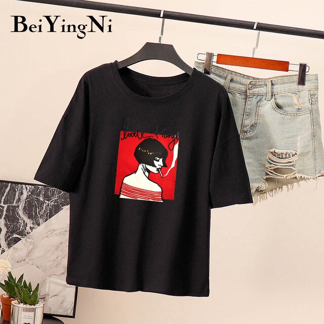 Beiyingni Harajuku Female T-shirt Smoking Girls Cartoon Printed Summer Tshirt Women High Street T Shirts Roupas Femininas M-XXL - EssentialBoutiques 