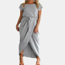 Load image into Gallery viewer, Spring And Summer Belt Bifurcated Sleeves Woman&#39;S Clothing Solid Color Long Grey Dress Elegant Round Neck Dress For Women - EssentialBoutiques 