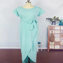 Load image into Gallery viewer, Spring And Summer Belt Bifurcated Sleeves Woman&#39;S Clothing Solid Color Long Grey Dress Elegant Round Neck Dress For Women - EssentialBoutiques 