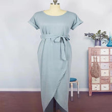 Load image into Gallery viewer, Spring And Summer Belt Bifurcated Sleeves Woman&#39;S Clothing Solid Color Long Grey Dress Elegant Round Neck Dress For Women - EssentialBoutiques 