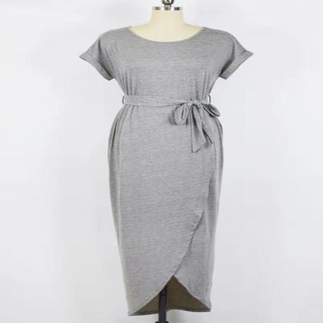 Spring And Summer Belt Bifurcated Sleeves Woman'S Clothing Solid Color Long Grey Dress Elegant Round Neck Dress For Women - EssentialBoutiques 