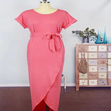 Load image into Gallery viewer, Spring And Summer Belt Bifurcated Sleeves Woman&#39;S Clothing Solid Color Long Grey Dress Elegant Round Neck Dress For Women - EssentialBoutiques 