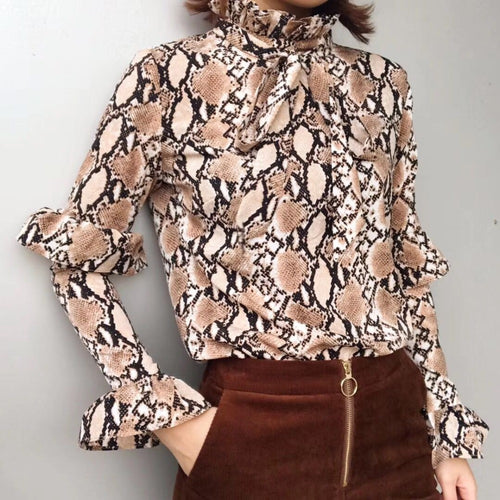 Woman's 2019 Fashion Clothing Chic Blouses Snake Print Black Shirt Long Sleeve Ruffles Turtleneck Female Shirt Spring Ladies Top - EssentialBoutiques 