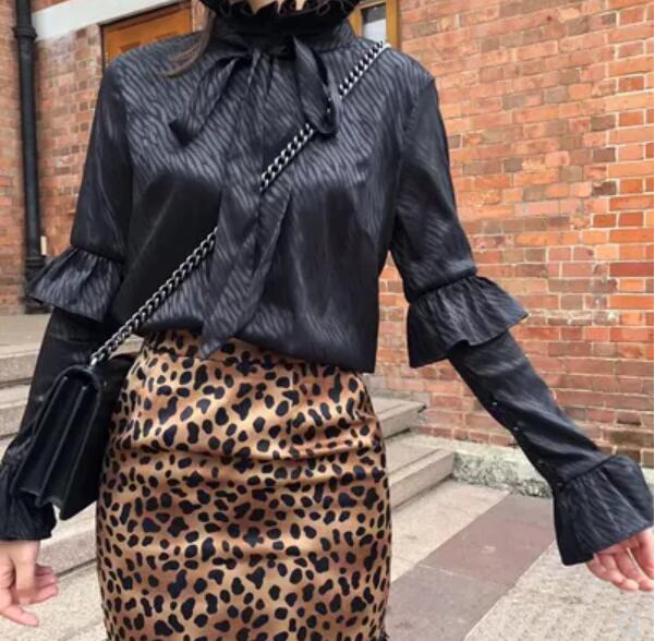 Woman's 2019 Fashion Clothing Chic Blouses Snake Print Black Shirt Long Sleeve Ruffles Turtleneck Female Shirt Spring Ladies Top - EssentialBoutiques 