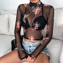 Load image into Gallery viewer, Woman&#39;s Printed Half-High Collar Exposed Navel Mesh Long-Sleeved T-Shirt Short Slim Bottoming Shirt Clothing - EssentialBoutiques 