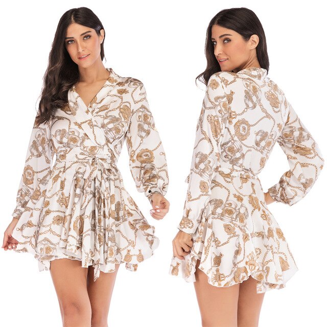 2019 hot spring and summer new European and American woman's clothing Waist sexy V-neck short and short women's dress - EssentialBoutiques 