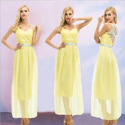 2019 Fashion clothing  white high waist belt contrast color woman's gown chiffon sling V-neck dress - EssentialBoutiques 