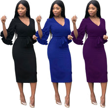 Load image into Gallery viewer, Autumn And Winter Women&#39;S Fashion Sexy Dress Women V-Neck Woman&#39;S Clothing  Ruffled Slim Irregular Ladies Long-Sleeved Dress - EssentialBoutiques 