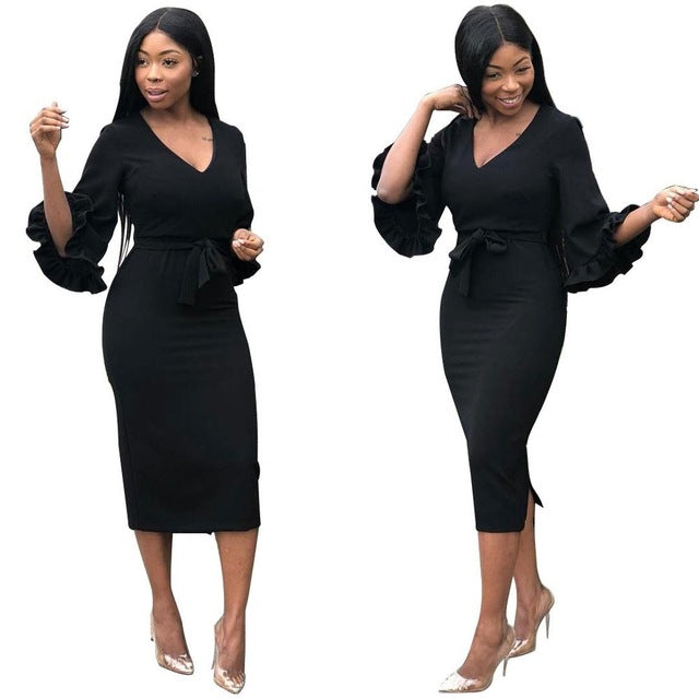 Autumn And Winter Women'S Fashion Sexy Dress Women V-Neck Woman'S Clothing  Ruffled Slim Irregular Ladies Long-Sleeved Dress - EssentialBoutiques 