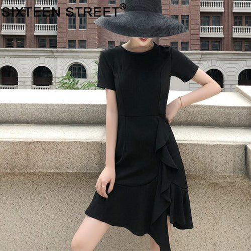 woman dress black color asymmetrical short sleeve sexy slim mid dress female summer vacation woman's clothing - EssentialBoutiques 