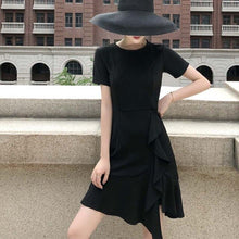 Load image into Gallery viewer, woman dress black color asymmetrical short sleeve sexy slim mid dress female summer vacation woman&#39;s clothing - EssentialBoutiques 