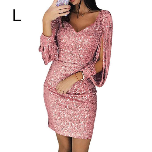 Woman's Elegant P Dress V-neck Sexy Sparkling Tassel Cool  Attractive D Long-Sleeved Slim Street Hipsters Clothing - EssentialBoutiques 