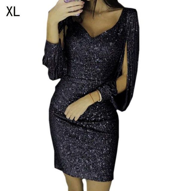 Woman's Elegant P Dress V-neck Sexy Sparkling Tassel Cool  Attractive D Long-Sleeved Slim Street Hipsters Clothing - EssentialBoutiques 
