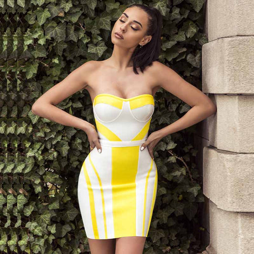 wholesale 2019 New Dress Yellow and white Straples Tight hips celebrity woman's clothing Cocktail party bandage dress (L2480) - EssentialBoutiques 