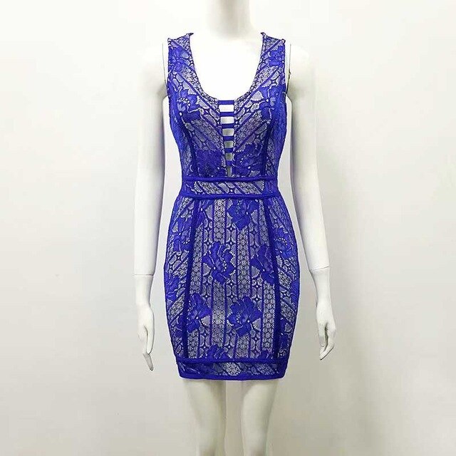 wholesale New dress Beige and blue lace V-neck Sexy woman's clothing Celebrity tight cocktail party bandage dress (H2348) - EssentialBoutiques 