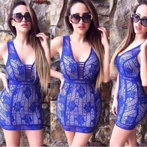 wholesale  New Dress Blue and beige V-neck Lace Tight package hip woman's clothing Cocktail party bandage dress (L2486) - EssentialBoutiques 