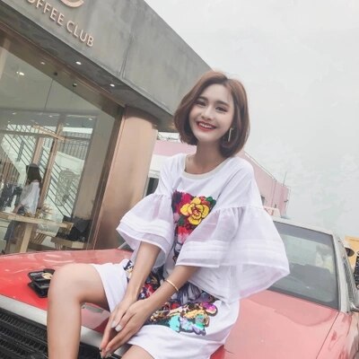 2019 Summer New Fashion Woman's Clothing Streetwear Loose Dresses Lace Short Sleeve Female O Neck Cartoon Pattern Dress YZH169 - EssentialBoutiques 