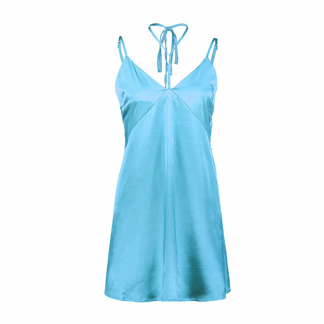 Women Summer Dress 2018 Silk Halter V-Neck Woman's Summer Dress Mini Spaghetti Strap Sexy Dress Female Clothing sundress robe - EssentialBoutiques 