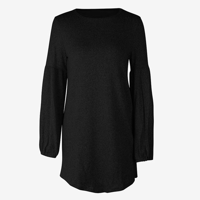O Neck Long Lantern Sleeve Ladies Mini Dresses 2019 Solid A Line Loose Casual Elegant Female Dress Woman's Club Sexy Clothing - EssentialBoutiques 