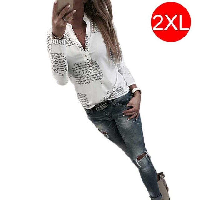 Woman's Casual Shirts Fashion Print Letter V Collar Street Style Friendly Skin Soft Smooth High-grade Tops Long-sleeved Clothing - EssentialBoutiques 