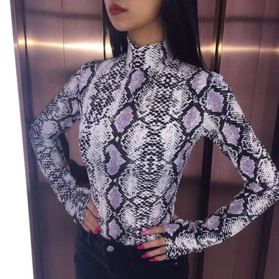 Snake Print Sexy Nightclub Woman's Long Sleeve Bodysuit Female Top Korea Fashion Clothing Blouses Ladies Top Turtleneck Shirt - EssentialBoutiques 