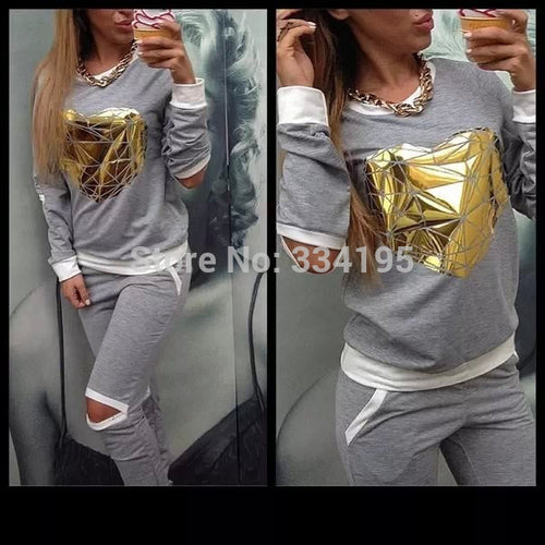 woman's tracksuit brand sweatshirt+pants one set woman's clothing gray sports suit golden heart tracksuits ports costumes - EssentialBoutiques 