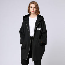 Load image into Gallery viewer, Hooded Trench Coat Black Women Plus Size Loose Autumn Winter Letter Print Casual Oversized Outwear Woman&#39;s Clothing Coats Trench - EssentialBoutiques 